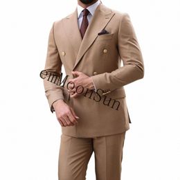 haki çift göğüslü erkek takım elbise ince fit 2 adet en iyi erkekler takım elbise düğün damat giymek blazer pantolon kostüm homme j845#