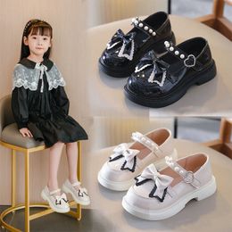 Girls Bow Shoes Children Pearls Beading Black Spring Autumn Kids Princess PU Leather Shoes Sweet Cute Soft Comfortable Children Flats 57NI#