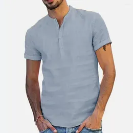 Men's T Shirts Youth Shirt Stylish Stand Collar Button-up For Casual Business Wear Short Sleeve Solid Colour Beach Summer