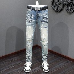 Men's Jeans Streetwear Fashion Men Retro Blue Stretch Skinny Fit Ripped Splashed Painted Designer Hip Hop Brand Pants Hombre