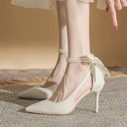 Dress Shoes Elegant Pearls Ankle Strap High Heels Pumps Ladies 2024 Spring Silk Bowtie Wedding Woman Pointed Toe Stiletto Heeled