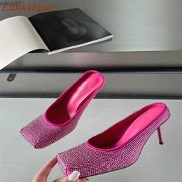 Sandals Square toe Rhinestone womens slider shiny slim high heels niche design fashionable and sexy party shoes new arrival in 2024L2403