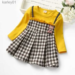Girl's Dresses Autumn 2023 baby girls plaid long-sleeved dresses Toddler fake two pcs lace princess dresses yq240327
