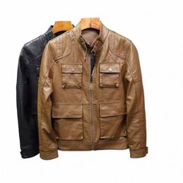 autumn Winter Men's leather jacket standing neck zipper casual jacket Motorcycle men's Work Jacket Slim-Fit Coat Casual Trend c49P#