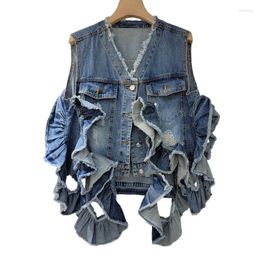 Women's Vests Frayed V Neck Pocket Cowboy Waistcoat Ruffles Splicing Denim Vest Women Vintage Slim Short Jeans Sleeveless Jacket Coat Female