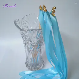 Party Decoration Selling 50pcs/lot Light Blue Stain Ribbon Wedding Stick Wands With Golden Bells For