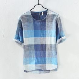 Men's Casual Shirts Cotton And Linen Loose Retro Plaid Fashion Shirt Short Sleeve Summer Blue For Men Tops Camisa