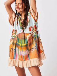Casual Dresses Women Boho Summer Y2K Vintage Babydoll Flowy Dress Fashion Ruffle Mini Deep V-Neck Floral Sundress