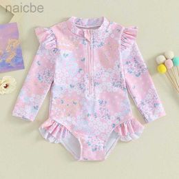 One-Pieces Baby Girl Swimsuits Summer Ruffle Floral Print Long Sleeves Zipper Jumpsuit Beachwear for Toddler Bathing Suits 24327