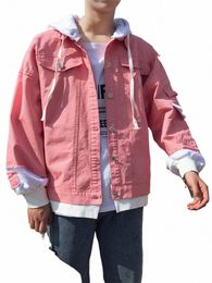 men's Hooded Denim Jacket Pink Jean Coats Fake Two Pieces Solid Color Loose Coat Fi Designer Men's Casual Denim Jacket 66do#