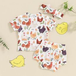 Clothing Sets Toddler Baby Boys Girls Shorts Outfit Cartoon Rooster Print Short Sleeve T-Shirt With Elastic Waist And Headband