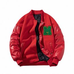 Homens Varsity Jacket Inverno Mulheres Carta Fi Jaqueta de Beisebol Manga de Couro Casaco de Motocicleta Butt College Quente Parkas Vermelho s9QL #