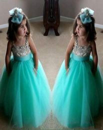 2018 Turquoise Green Flowe Girls Dresses Cute Spaghetti Birthday Gowns Straps Crystal Beaded Tulle Toddler Pageant Dresses For Gir7508294