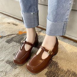 Dress Shoes British Small Leather For Women Design Thick Heels High Square Toe Belt Buckles Casual Single