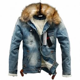 winter Mens Denim Jacket Oversized Fur Collar Retro Ripped Fleece Thicken Jeans Jacket for Men Clothing Autumn Winter Coat S-6XL W89W#