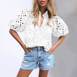 Women's Blouses Women Shirt Solid Colour Pullover Tops Stylish V-neck Lantern Sleeve Hollow Flower Pattern Lace Embroidered