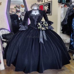 Vintage Black Queen Prom Dresses With Jackets 18th Century Europe Marie Antoinette Costume Victorian Medieval Evening Gown Velvet Lace Formal vestido de novia 2024