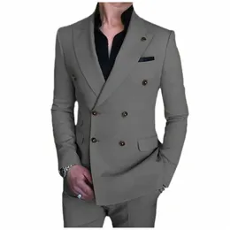 busin Double Breasted Men Suits Costume Homme Wedding Tuxedo Terno Masculino Prom Groom 2 Pcs Slim Fit Blazer Jacket+Pant P2af#