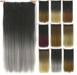 24quot Long Straight Black to Gray Natural Color Women Ombre Hair High Tempreture Synthetic Hairpiece Clip in Hair Extensions5409392