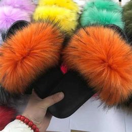 Slippers Slippers Fasion ome Outdoor Womens Fur Slide Soes Plus Fox Air Fluffy Sandals Winter Warmth H2403265VUN
