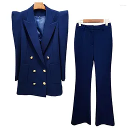 Women's Two Piece Pants Blazer Pantsuits Sets Navy Blue Shrug Jacket Design Double Breasted Button Office Business Trousers Suit