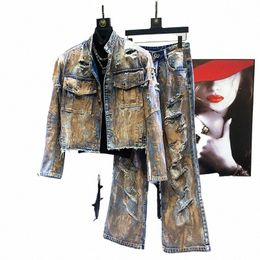 pfhq Streetwear Male Denim Jackets Set Heavy Industry Worn Out Haute Quality Versatile Raw Edge Avant-garde Jeans Autumn 21Z2929 59gz#