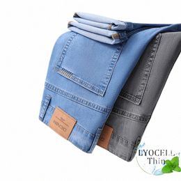 Roupas masculinas Straight Busin Jeans Verão Fino Lyocell Tecido Respirável Confortável Cott Masculino Stretch Denim Calças 67mN #