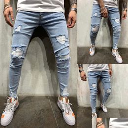 Jeans masculinos homens slim fit rasgado buraco lápis calças novo estilo alto elástico verão rua hip hop vento urbano casual gota entrega appar dh8xb