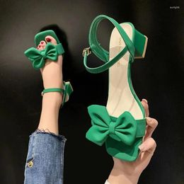 Dress Shoes Sandals Women 2024 Summer Fashion Square Head Bow French Buckle Belt Thick Heel Lady Sexy Work High Heels Beige Green