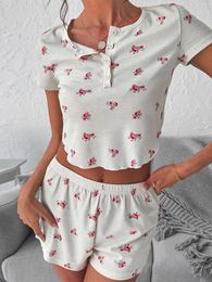 Women's Sleepwear 2Pieces Waffle Pyjama Sets Summer Floral Lounge Wear Short Sleeve O Neck Button Down Crop Tops Elastic Waist Shorts