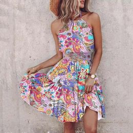 Casual Dresses Printed Halterneck Dress Women Off-shoulder Floral Print Halter Neck Off Shoulder Summer Beach With For Vacation