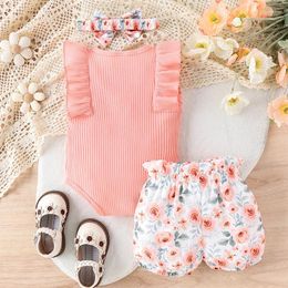 Clothing Sets Baby Girl Summer Set Sleeveless Frill Trim Ribbed Romper Elastic Waist Shorts Bow Headband Infant Girls 3 Piece Outfit