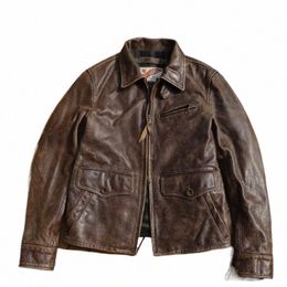 free ship.Men Frosted tea core cowhide coat.collect Vintage brown real leather outwear.slim soft fitn leather jacket 65r3#