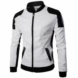 new Men Stand Collar Black White Colour Matching Casual Leather Jacket Fi Racing Clothing PU Leather Jacket Plus Size 5XL 55Ya#