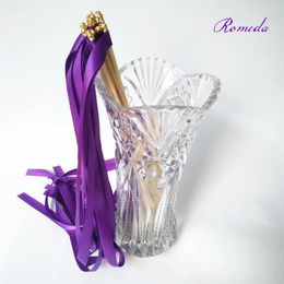 Party Decoration Arrived 50pcs/lot Purple Wedding Ribbon Wands With Gold Bell Twirling Streamers Stick