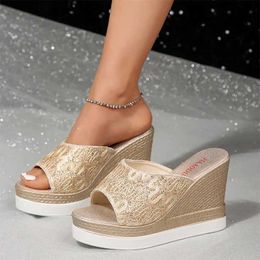 Slippers Slippers Bling Print Women Wedges High Heels Sandals Summer 2024 Slingback Platform Shoes Open Toe Flip Flops Pumps Femme Slides H240327