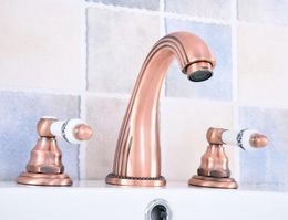 Bathroom Sink Faucets Antique Red Copper Deck Mount Widespread 3 Holes Faucet Dual Ceramic Handle And Cold Water Tap Tsf537