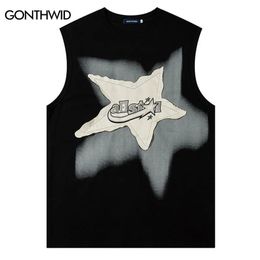 Hip Hop Men Tank Top Y2K Streetwear Harajuku Retro Embroidery Star Patch Vest Summer Fashion Casual Loose Sleeveless T-Shirt 240321