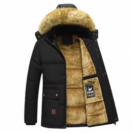 new Men Winter Fleece Jacket Thick Warm Hooded Fur Collar Coat Solid Colour Outerwear Mens Clothing r80v#