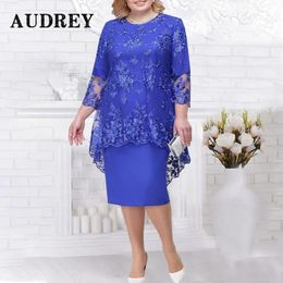 Plus Size 5XL Abito longuette a vita alta in pizzo Oneck L5XL Elegante ricamo 34 Maniche da donna da sera Abbigliamento femminile Vestido 240312