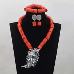 Necklace Earrings Set Coral Beads Wedding Jewelry Costume Trendy Top Design 1 Layer Nigerian African Wholesale ABH002