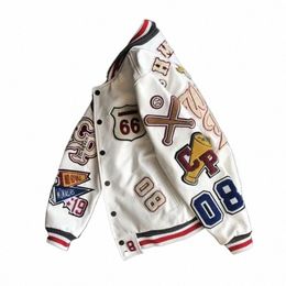 men's spring and autumn baseball uniform Y2K trend leather jacket heavy industry embroidery white short coat ins hot sale R7uf#