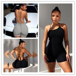 2024 Designer Sexy Backless Rompers Women Summer Halter Jumpsuits Solid Bandage Playsuits One Piece Bodysuits Night Club Wear Wholesale Clothing 10853