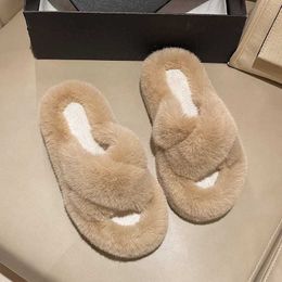 Slippers Slippers Womens fluffy fur slider womens 2024 autumn/winter new warm solid Colour Versatile cute casual shoes soft Cinelos Planos H240326BO1G
