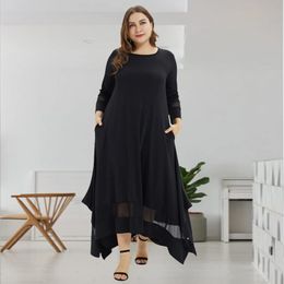 Women Fashion Solid Plus Size Maxi Dress O Neckline Perspective Long Sleeve Loose Black 240312