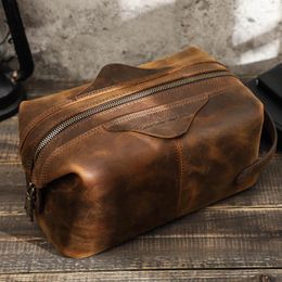 Cosmetic Bags Men Hanging Bag Crazy Horse Leather Travel Makeup Case Zipper Organizer Storage Pouch Vintage Toiletry
