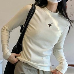 Women's T Shirts Korean Y2K Vintage T-Shirt Harajuku Grunge Star Print Pattern Crop Tops Spring Long Sleeve Mock Neck Tees Casual Streetwear