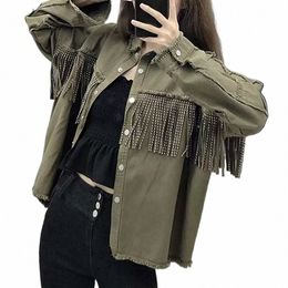 2023 Fi Vintage Fringe Beaded Loose Denim Jacket Coat Women Tassel Lg Sleeve Frayed Trim Ladies Outerwear Chaqueta Mujer x4HF#