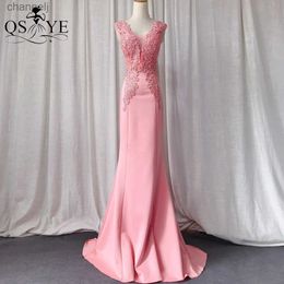 Urban Sexy Dresses Pink Lace Prom Stretchy Satin Mermaid Women Evening Gown V Neck Appliques Sleeveless Illusion Back Formal Party Dress yq240327