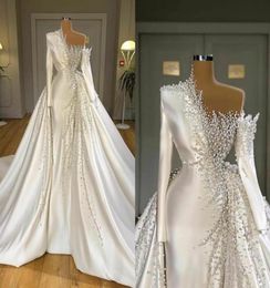 Elegant Heavy Pearls Wedding Dresses with Detachable Train Long Sleeves Satin Beaded Bridal Gowns Custom Made Luxury robes 03311825232